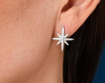Pendientes de estrella del norte con circonitas cúbicas para mujer, pendientes de estrella del norte de plata con piedras blancas, pendientes de estrella brillante de plata para niña.