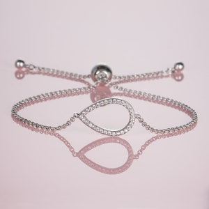 Adjustable Silver Pear Bracelet for Women, Slider Bracelet for Women with Cubic Zirconia Stones, Bolo Bracelet for Women and Teen Girls