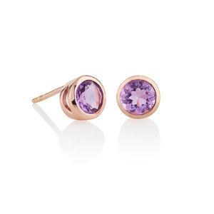 Dainty Rose Gold Vermeil Sterling Silver Bezel Set Amethyst Stud Earrings For Women,Rose Gold Earrings with Natural Round Amethyst Gemstones image 2