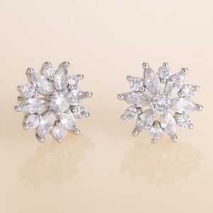 Large Stud Earrings for Women and Girls with Cubic Zirconia Stones, Big Sparkling Flower Stud Earrings, Flower Statement Stud Earrings