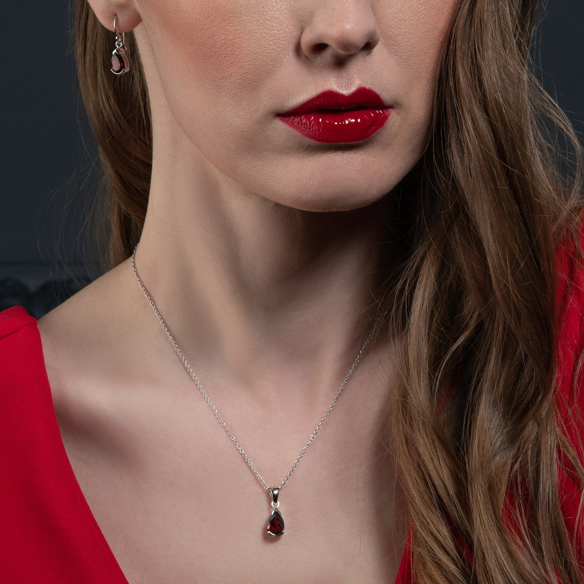 Boucles D'oreilles En Argent 925 Avec Grenat Poire - Style Boucle - Neuf Sans écrin