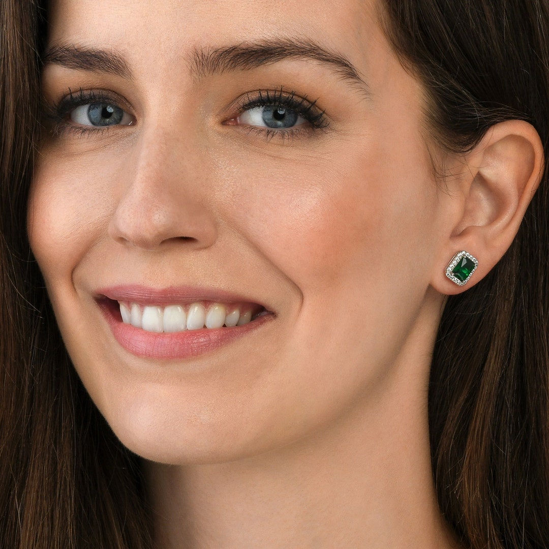 925 Sterling Silver Emerald Cut Green Halo Stud Earrings for Etsy