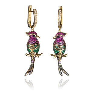 Gold Parrot Earrings for Women, Gold Plated Dangle Earrings set with Coloured Stones, Long Gold Earrings in an Elegant Tropical Bird Design image 2