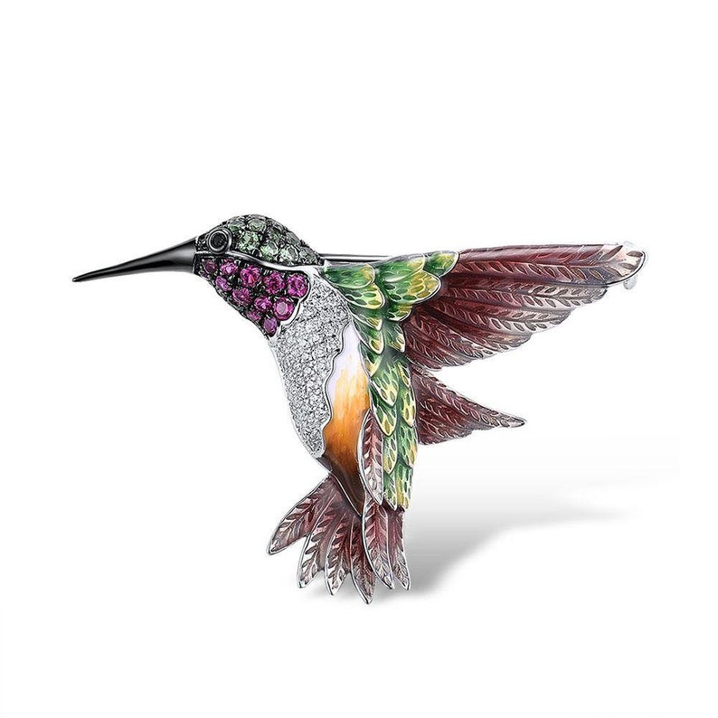 925 Sterling Silver Hummingbird Brooch For Women, Ladies Brooch With Colourful Emamel & Cubic Zirconia stones in Sterling Silver image 2