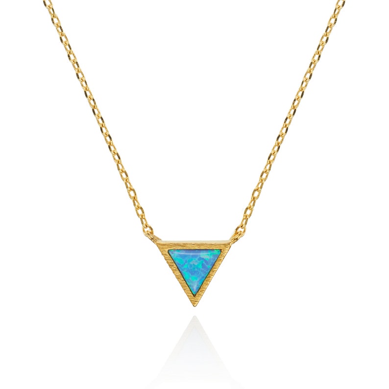 Gold Plated Triangle Opal Pendant Necklace, Dainty Gold Opal Necklace for Women, Gold Plated Geometric Necklace with a Created Opal. image 8