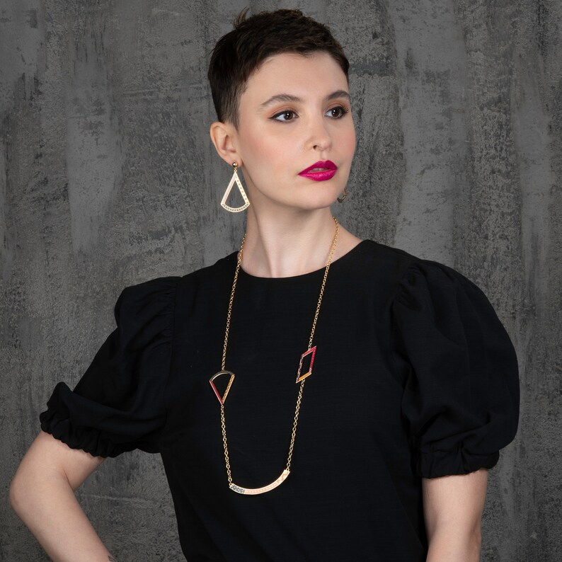 Long Gold Necklace with Colourful Enamel, Art Deco Reversible Necklace for Women, Geometric Long Gold Chain Necklace in Pink, Orange, Black image 5