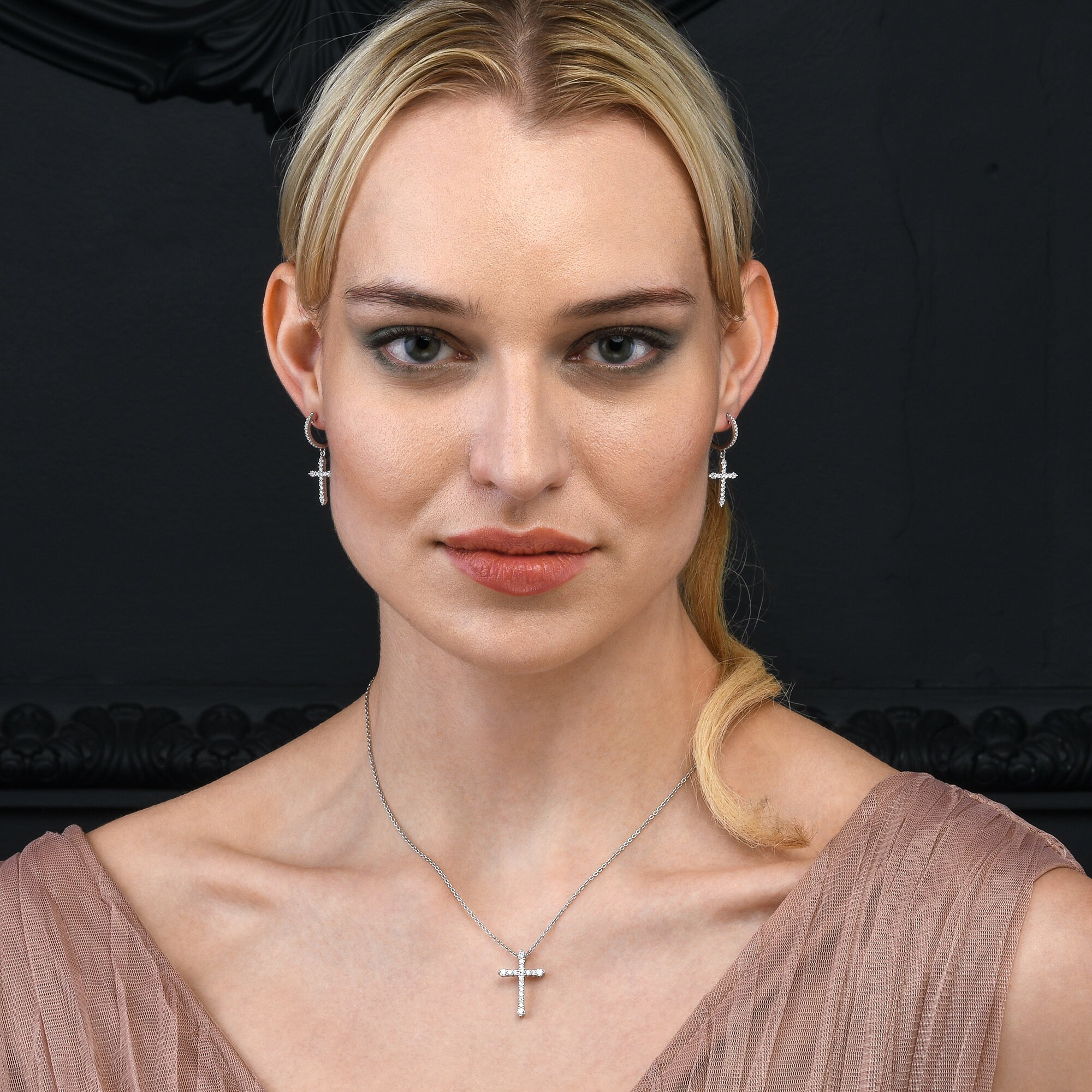 Orecchini A Cerchio Con Croce In Argento Sterling 925 E Zirconi - Donna E Ragazza - 6