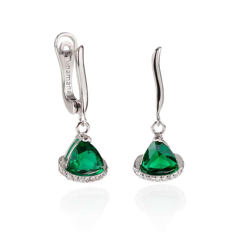 Green Drop Earrings for Women and Teenage Girls, Unique Triangle Dangle Earrings with Emerald Green and Clear Cubic Zirconia Stones image 2