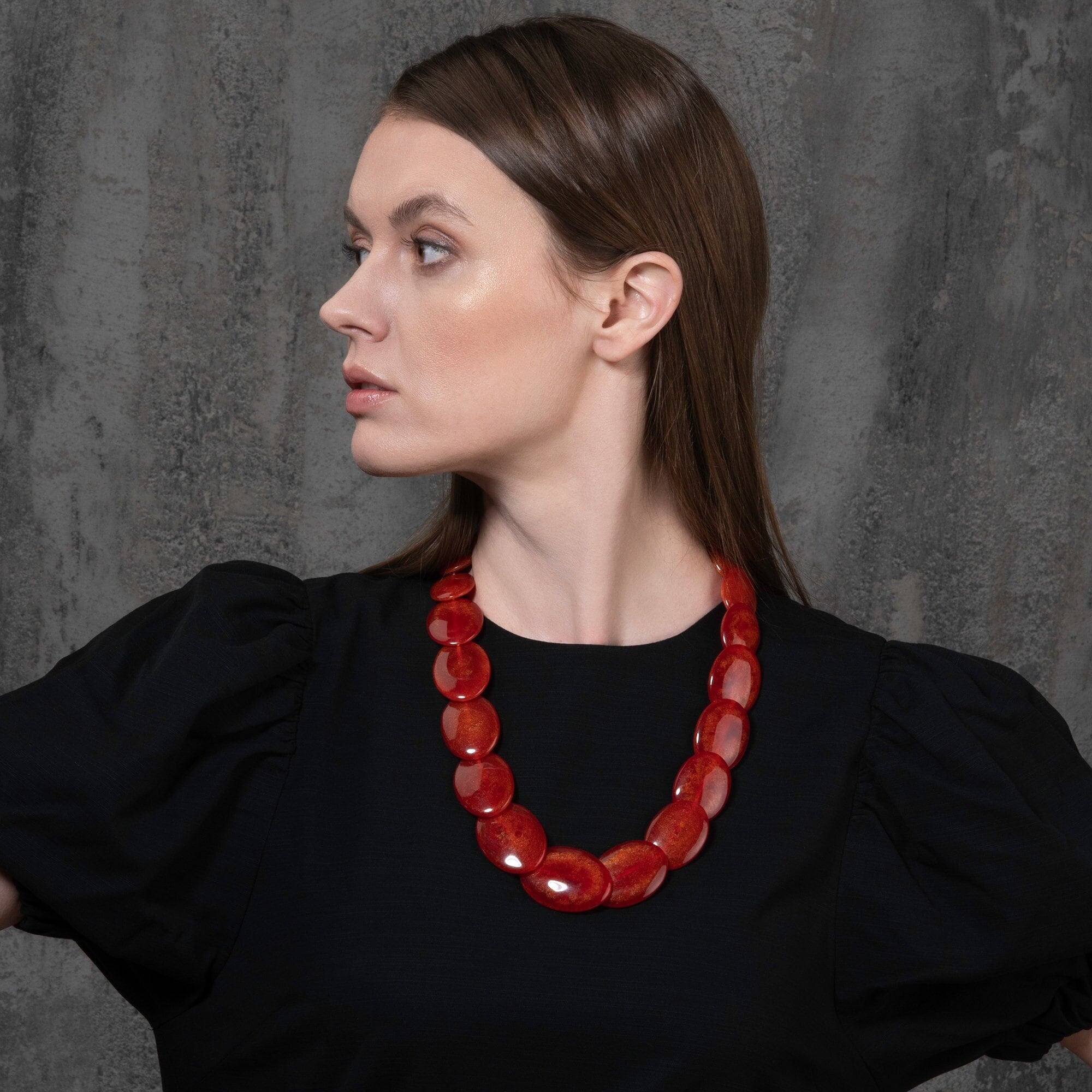 24 Inch Long Orange Red Chunky Necklace for Women, Handmade