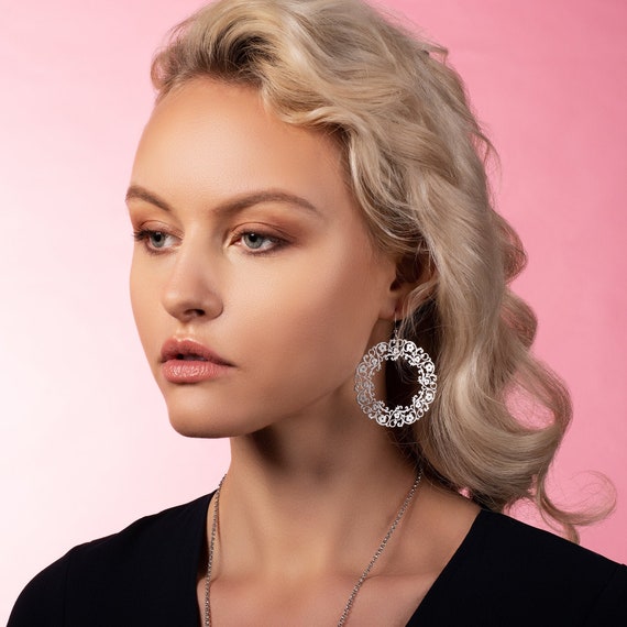 Big Flower Statement Earrings for Women Large Silver Statement