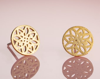 Gold Mandala Disc Stud Earrings for Women, Gold Plated Mandala Stud Earrings for Women, Round Studs with a Brushed Finish, Mandala Studs