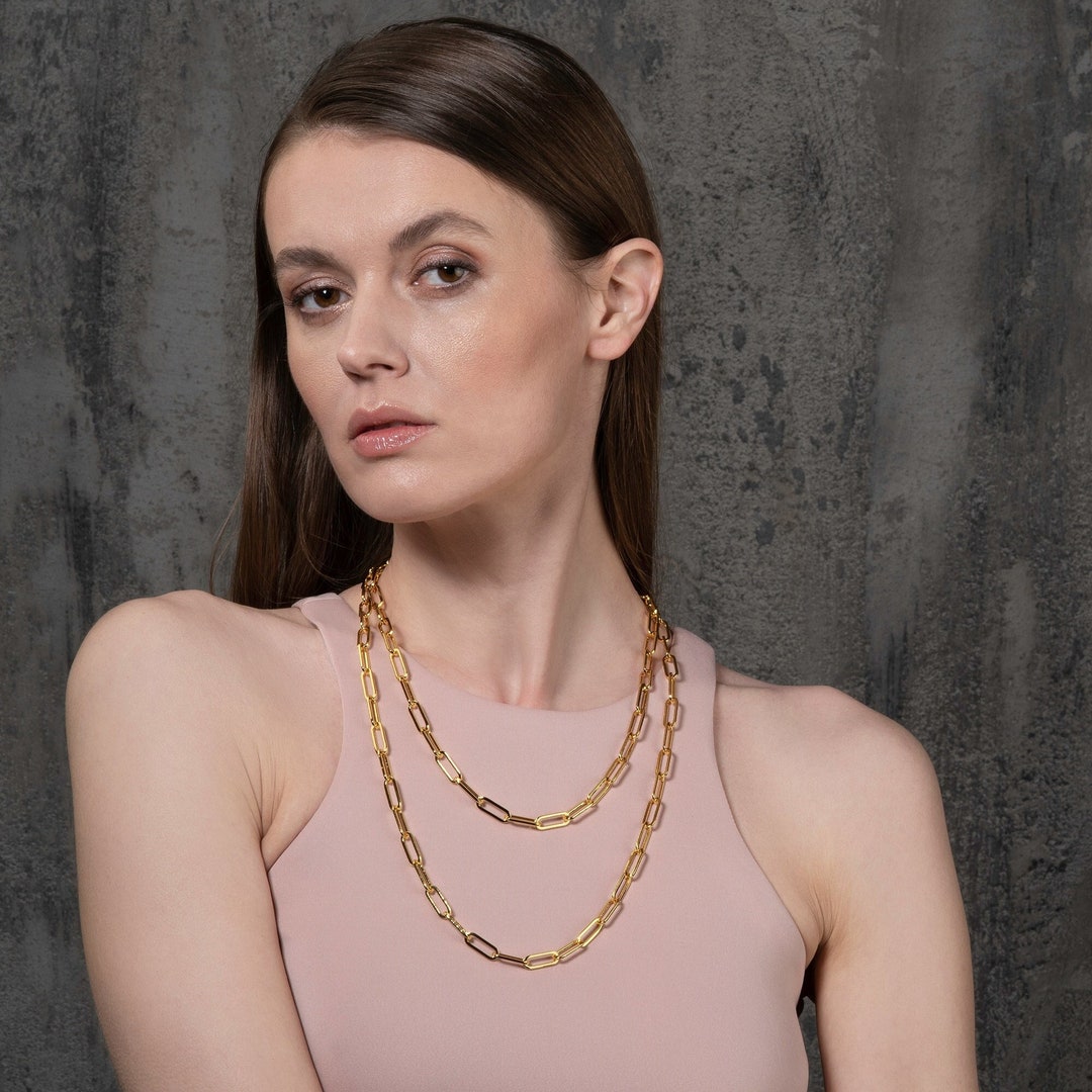 Gold Paperclip Chain Necklace for Women, Ladies Long Chunky Chain