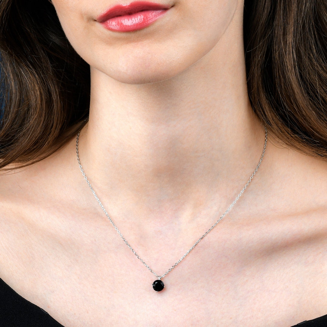 Black Pendant Necklace in 925 Sterling Silver, Dainty Black Solitaire — free download