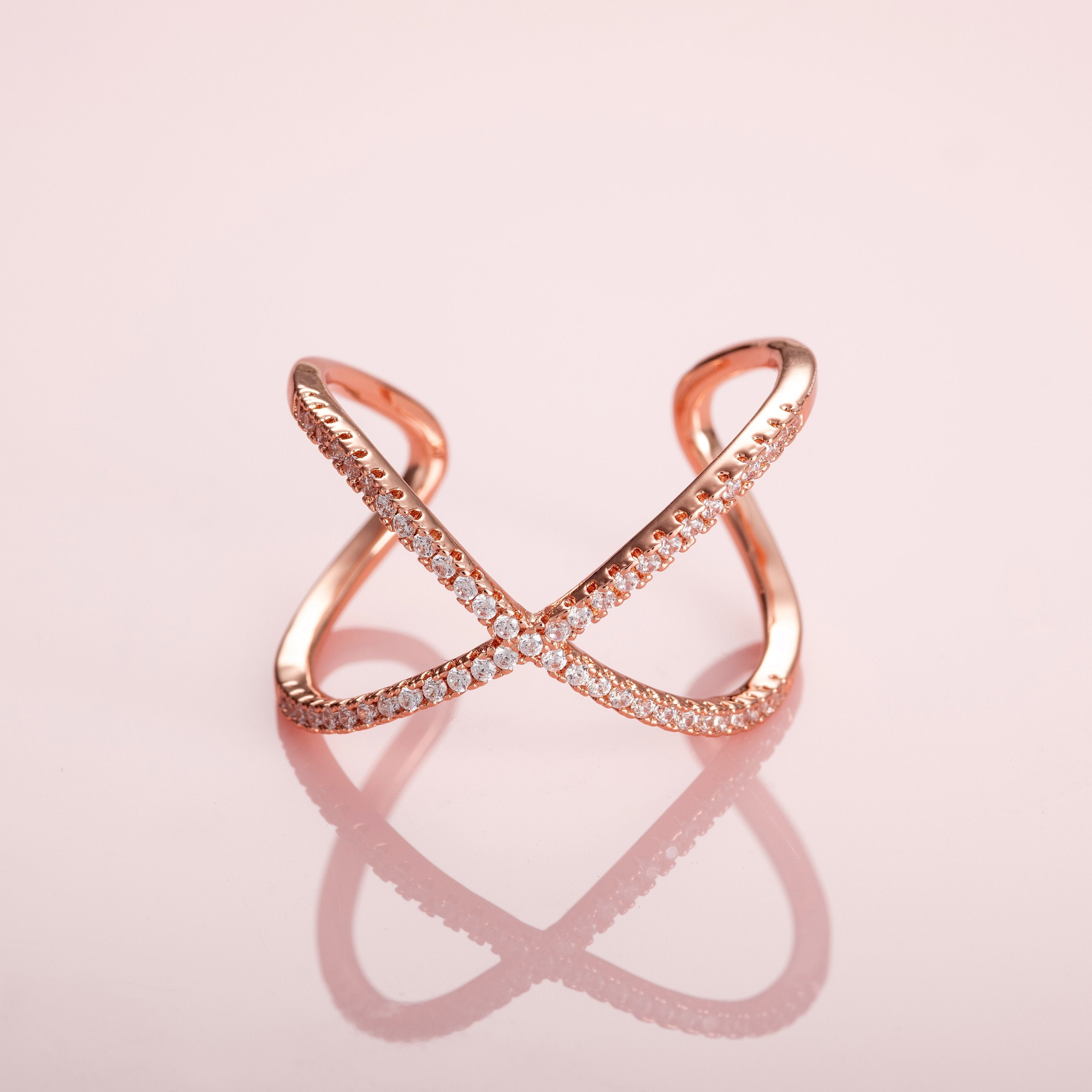 Large Rose Gold Criss Cross Ring for Women With Cubic Zirconia