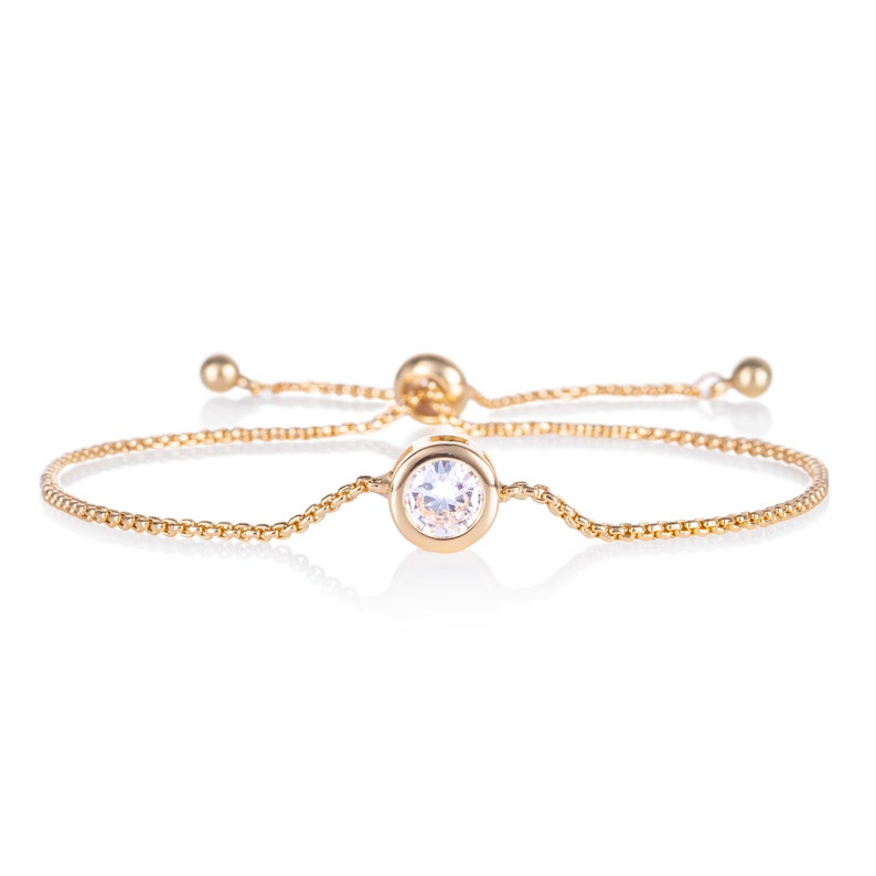 Simple Gold Bracelet for Women and Teenage Girls, Dainty Cute Gold Adjustable Bracelet with a Single Round Bezel Set Cubic Zirconia Stone image 2