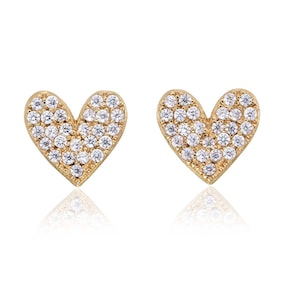 Gold Plated 925 Sterling Silver Heart Earrings With Cubic Zirconia For women, Dainty Gold Stud Earrings with White Stones For Girls image 4
