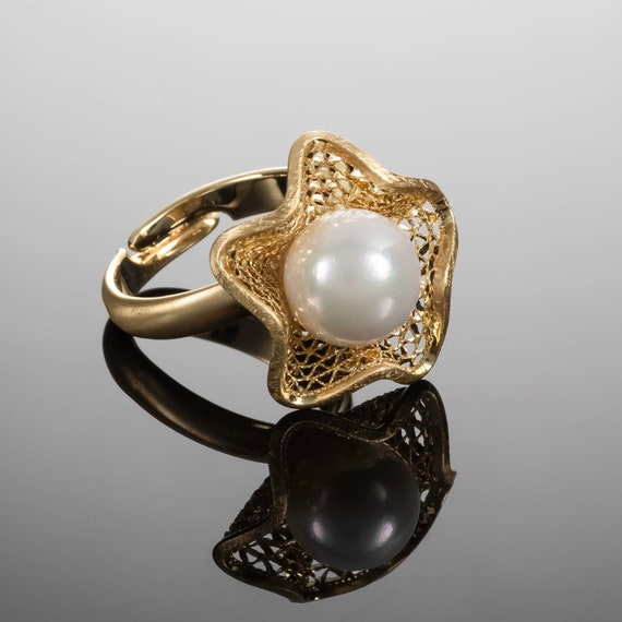 Buy Adjustable Gold Pearl Ring for Women, Large Cocktail Rings With a Big  White Faux Pearl, Ladies Statement Ring in a Filigree Flower Design Online  in India - Etsy