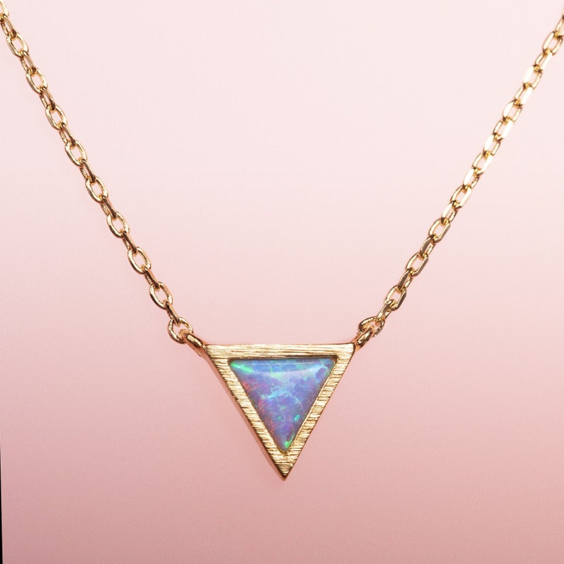 Gold Plated Triangle Opal Pendant Necklace, Dainty Gold Opal Necklace for Women, Gold Plated Geometric Necklace with a Created Opal. image 1