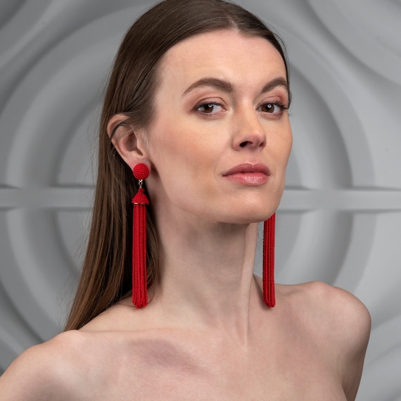 Red long tassel earrings discount