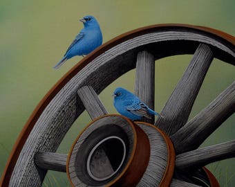 Simply Blue print, indigo buntings and wagon wheel