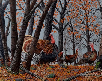 Always alert print, wild turkeys in the woods