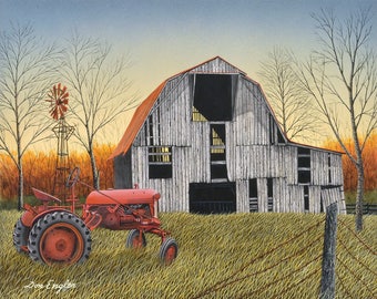 May include: A red vintage tractor sits in a field of tall grass in front of a weathered wooden barn with a rusty metal roof. The barn has a large open door and several windows. A tall windmill stands behind the tractor. The scene is painted in a realistic style with a soft, muted color palette.