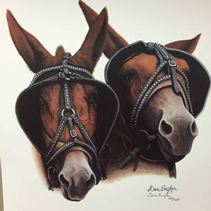 May include: A painting of two brown mules wearing harnesses. The mules are facing forward with their heads tilted slightly to the side. The painting is signed by Don Engler and titled "Grandpa's Mules".