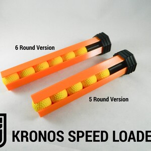 May include: Two orange and black speed loaders for gel blasters. The top loader holds 6 rounds and the bottom loader holds 5 rounds.  The loaders are filled with yellow gel balls.