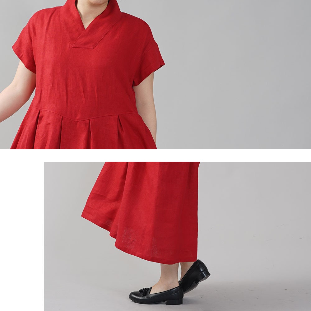 Wafu Midweight Linen Kimono Collar Dress / Red a084dred2 Etsy