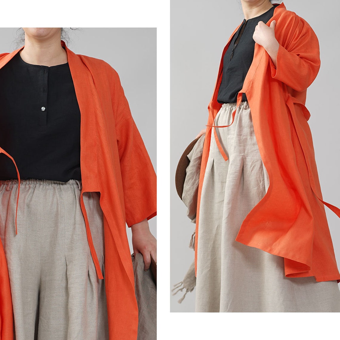 Wafu Midweight Linen KIMONO Collar Robe / Vermilion Etsy