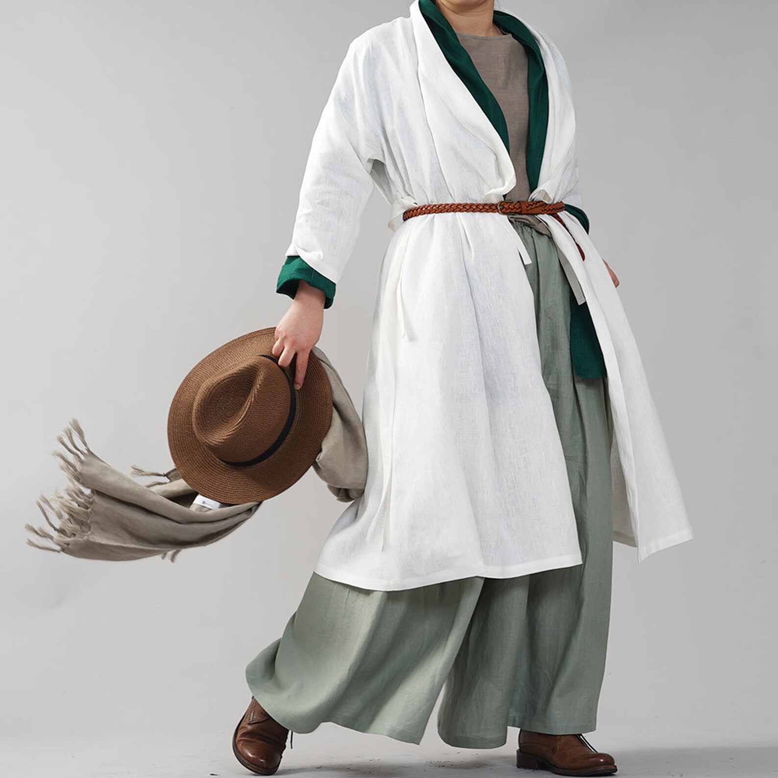 Wafu Midweight Linen KIMONO Collar Robe / White h037gwht2 Etsy