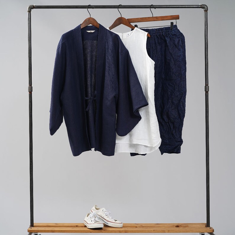 Linen Haori Jacket Midweight Linen Black Acorn h037h-ktb2 wafu