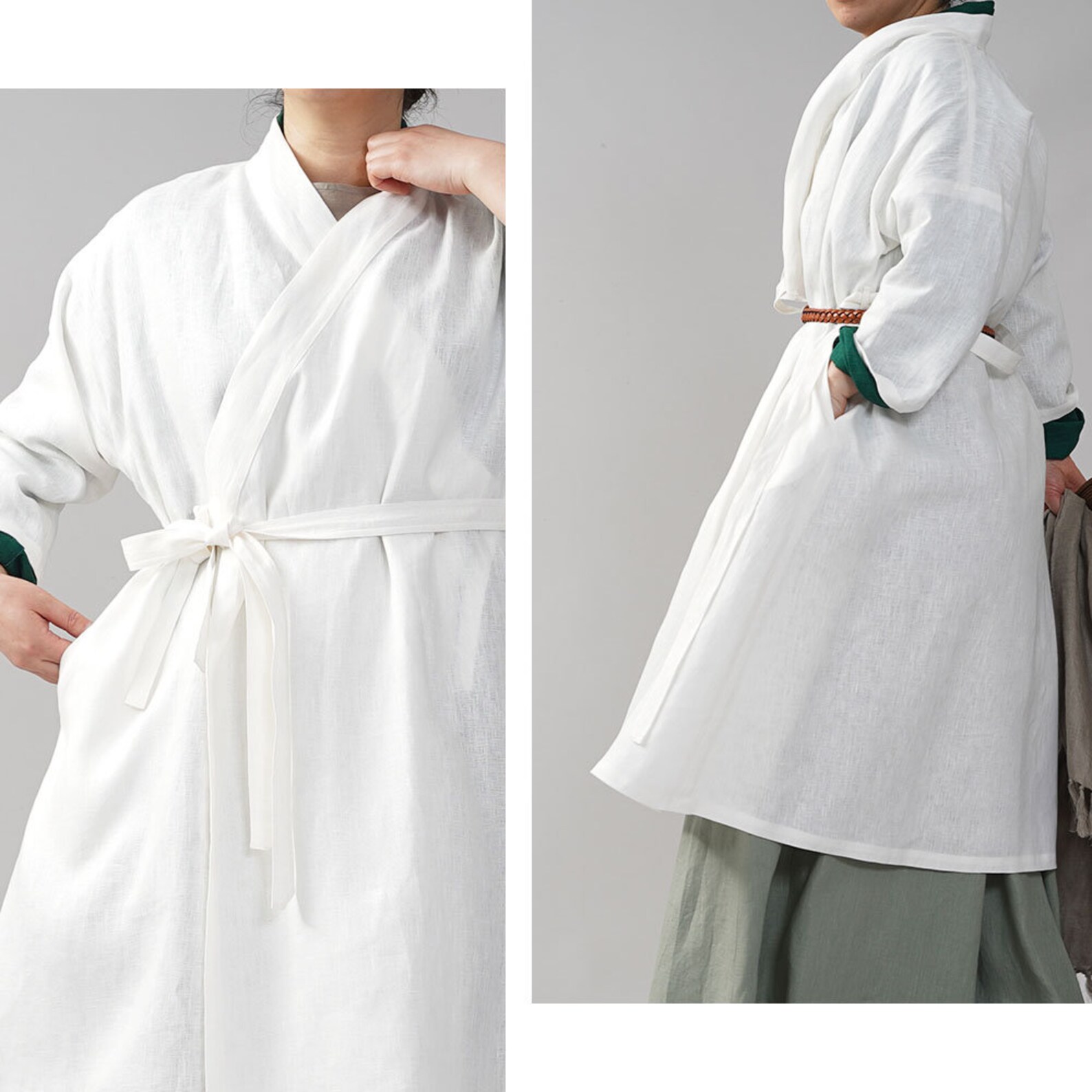 Wafu Midweight Linen KIMONO Collar Robe / White h037gwht2 Etsy