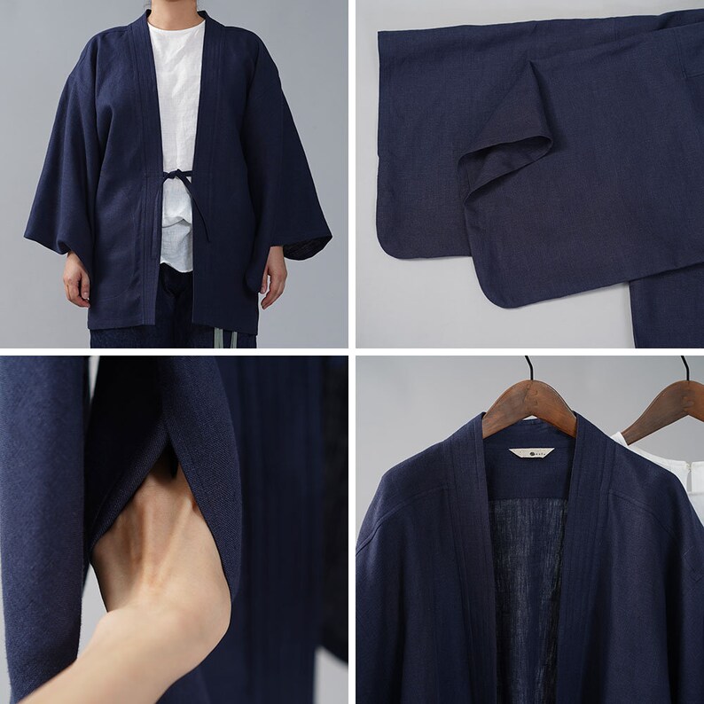 Linen Haori Jacket Midweight Linen Black Acorn h037h-ktb2 wafu