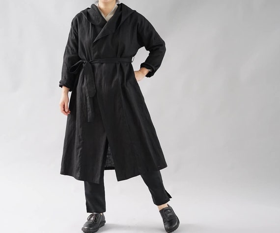 Wafu Midweigth Linen Robe Coat with Hood / Black h009a-bck2 | Etsy