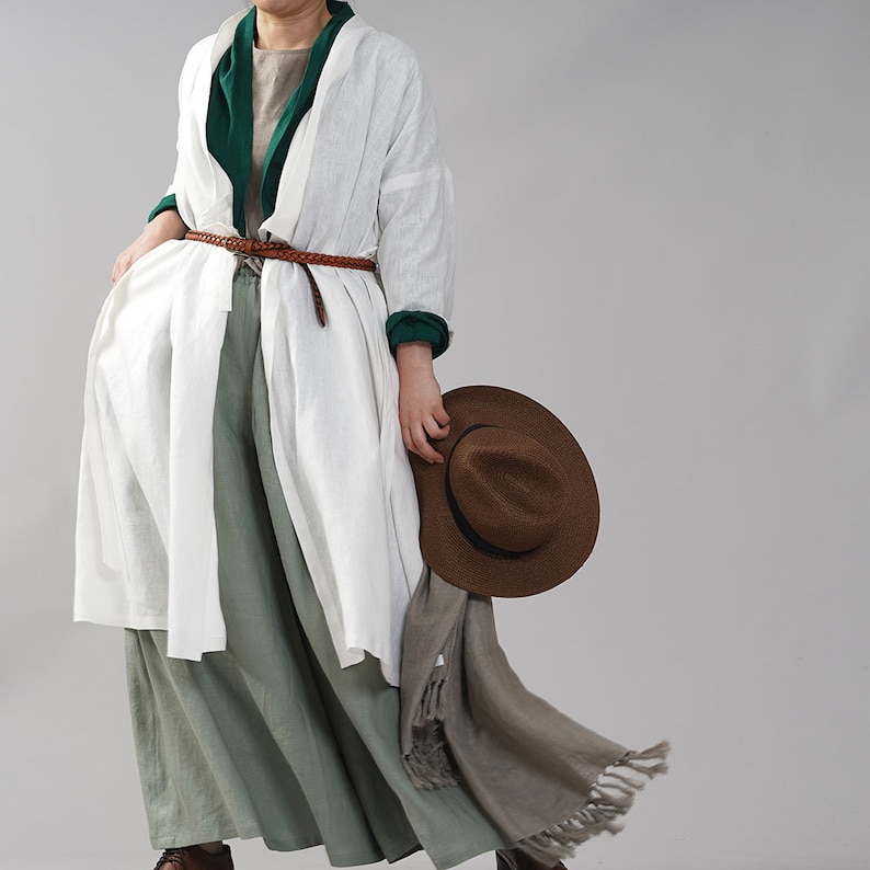 Wafu Midweight Linen KIMONO Collar Robe / White h037gwht2 Etsy