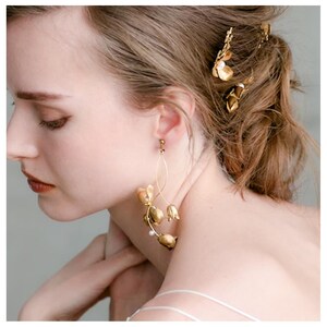 Gold Pearl Bridal Earrings, Long Drop Wedding Earrings, Statement Bridal Jewelry, Modern Bride, Handmade in Japan"CICADA"