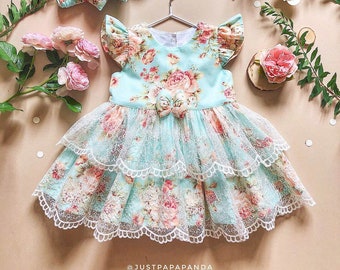 Retro dress of blue cotton with flower print and lace Baby outfit  Vintage kids frock Wedding baby dress Birthday gift Flower girl dress