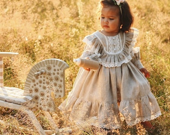 Linen baby girl Eid dress in cottagecore style, Vintage toddler fluffy frock for newborn, gift for girl