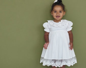Baptism dress for baby girl and toddler, Clear white Christening gown boho lace frock for newborn and infant