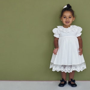 First communion dress for baby girl and toddler, Clear white Christening gown boho lace frock for newborn and infant