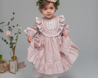 Pink first Birthday girl dress, toddler fluffy dress, vintage baby dress, Easter party and First communion outfit