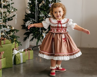 Toddler Gingerbread Christmas baby girl dress with lollipop belt, Festive holiday frock, Santa cosplay costume, Birthday party outfit