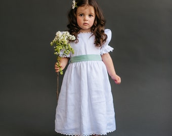 White First Communion cotton dress, Toddler Christening frock for girl and newborn, boho baby flowergirl apparel for infant, baptism gown