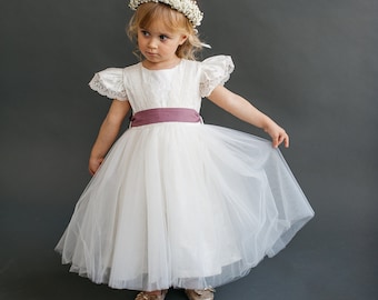 Boho Baby Tüll Kleid, Kleinkind Hochzeit Tüll Kleid für Mädchen und Neugeborene, Klare weiße Blumenmädchen Kleid Säugling, Taufe Taufe Kleid