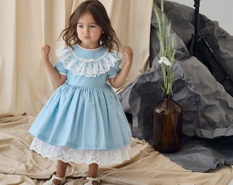 Easter dress for baby girl and toddler made from organic cotton , Blue Birthday boho lace frock for newborn and infant