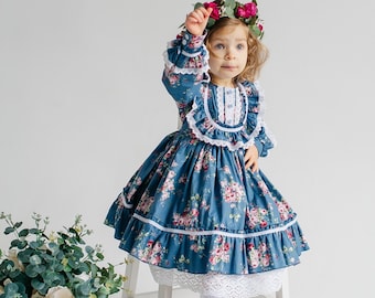 Vintage Eid baby girl dress blue cotton with flower print, retro Birthday floral dress, Easter baby floral frock