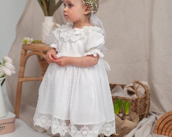 Boho Christening dress for baby girl and toddler, Clear white gown Baptism and First communion lace frock for newborn and infant