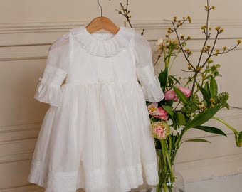 Newborn Easter boho dress with beanie hat for toddler baby girl, Christening gown lace infant frock, clear white flowergirl outfit