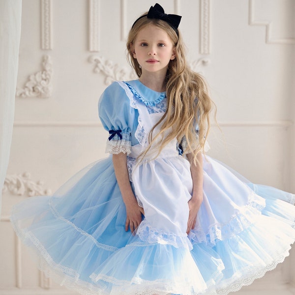 Alice Halloween baby girl dress with apron, Blue toddler lace Wonderland dress, Cosplay teenage costume, Easter, Birthday party dress